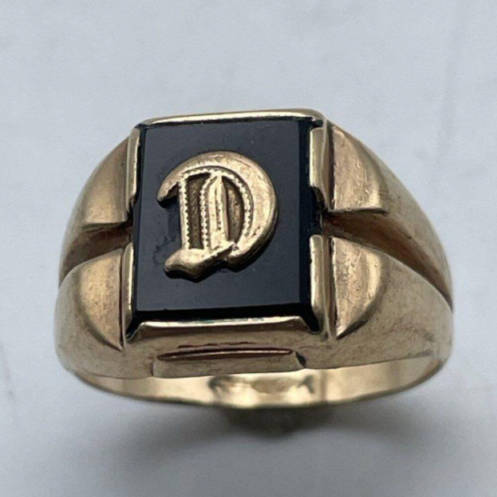 10K Yellow Gold & Onyx D Initial Signet Ring